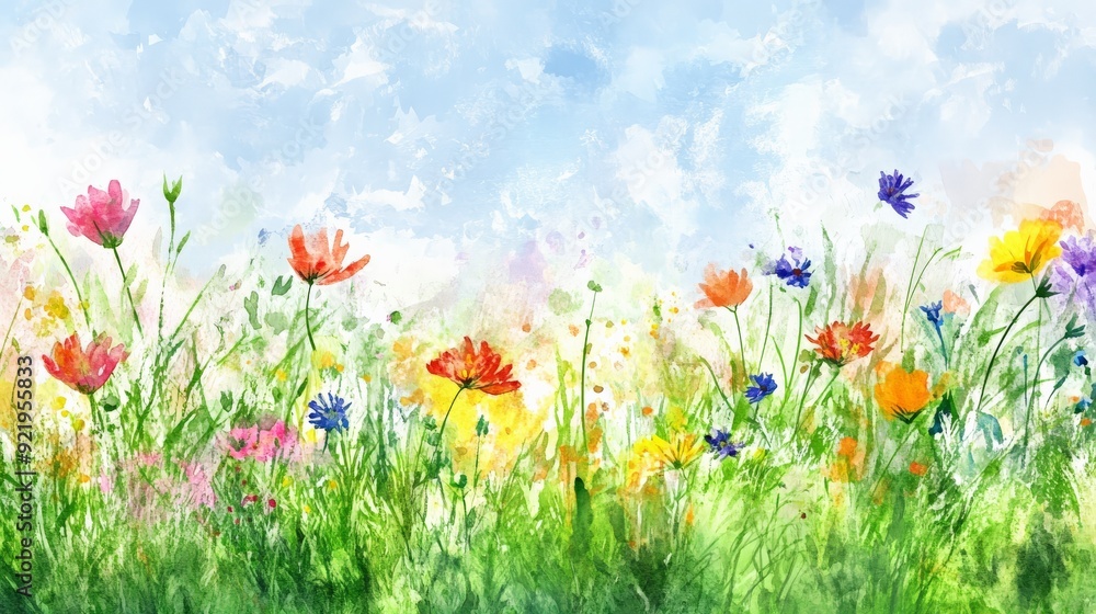 Watercolor painting of a vibrant field of wildflowers under a blue sky, perfect for spring and nature themes. Watercolor painting of a vibrant field of wildflowers under a blue sky, perfect for spring and nature themes.