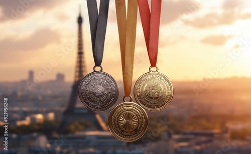 Gold, silver, and bronze medals hanging with the Eiffel Tower in the background. photo