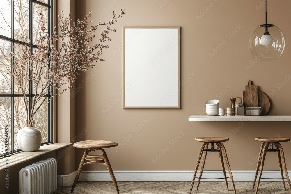 Minimalist Kitchen interior with Poster Mockup created with Generative AI Minimalist Kitchen interior with Poster Mockup created with Generative AI
