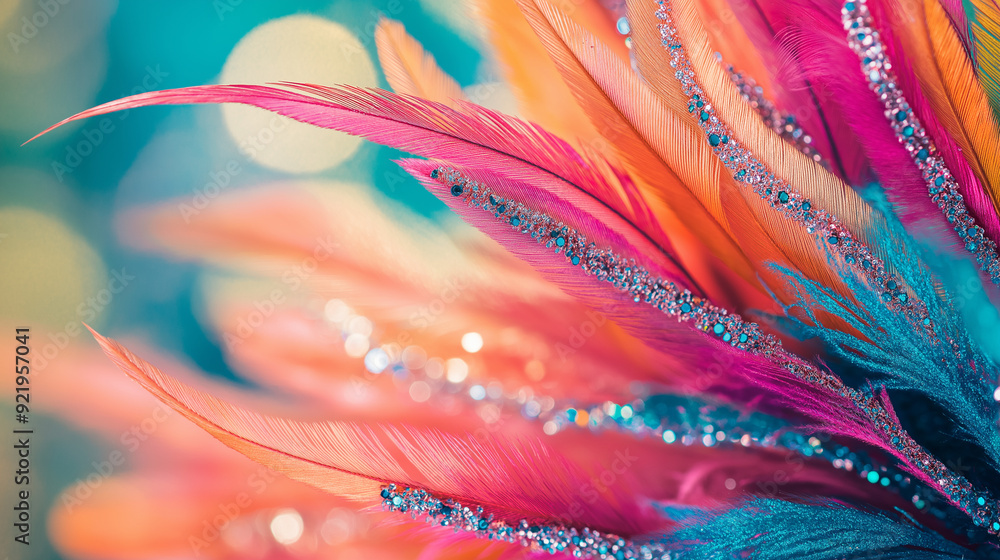 Obraz premium Close-up of vibrant, multicolored feathers adorned with beads.