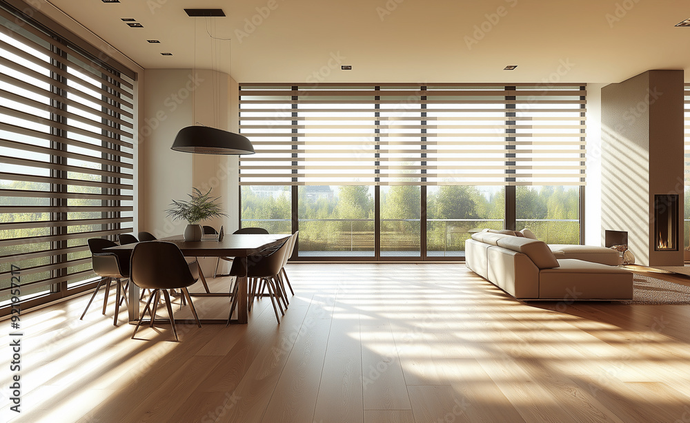 Fototapeta premium Modern minimalist living room with large windows and sunlight streaming in.