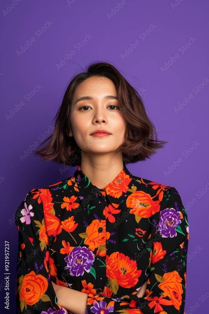 Portrait Of A Beautiful Asian Girl Posing Against A Purple Background Portrait Of A Beautiful Asian Girl Posing Against A Purple Background