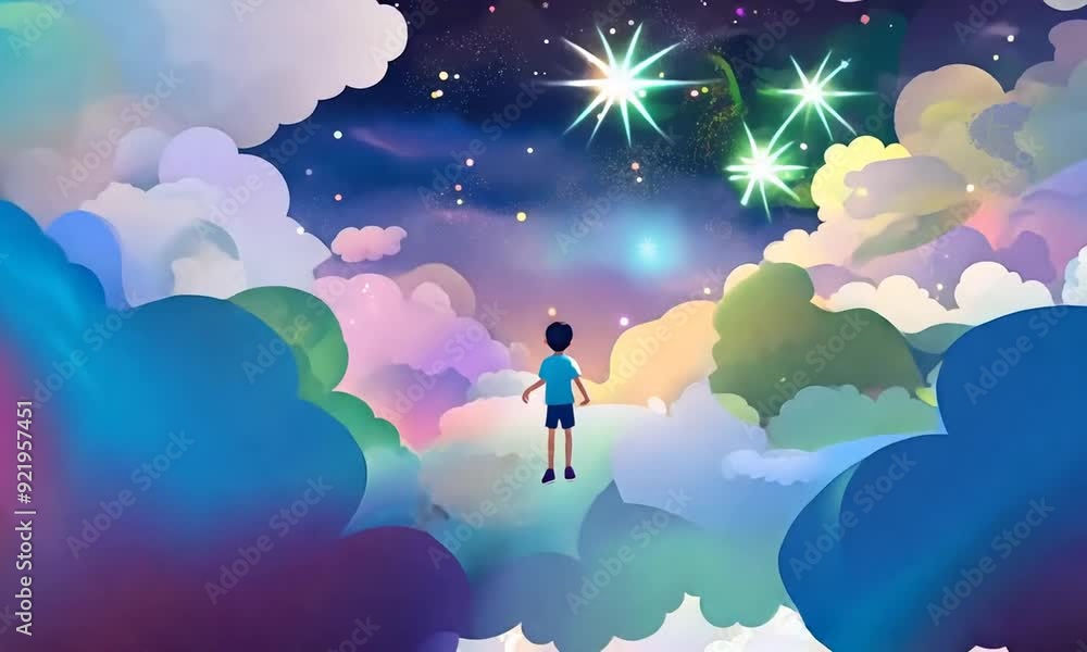 little boy flies in the clouds in the sky in a magic dream little boy flies in the clouds in the sky in a magic dream