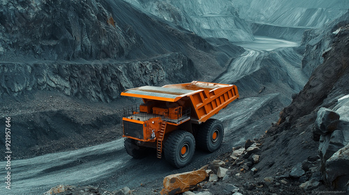 Large orange dump truck in a rugged open-pit mining environment.