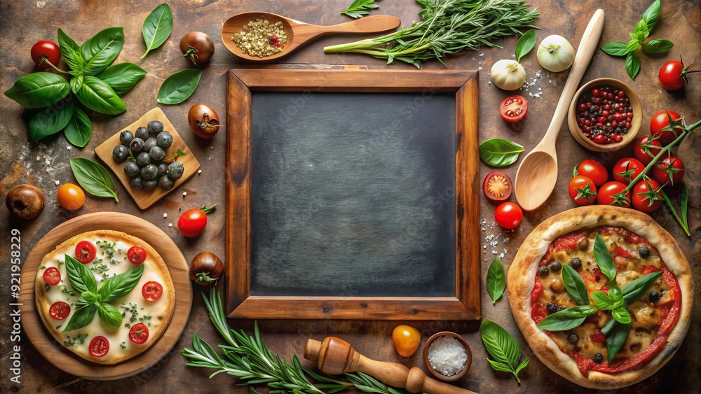 Rustic chalkboard menu display featuring a variety of gourmet pizza options, toppings, and specials, surrounded by decorative kitchen utensils and fresh herbs. Rustic chalkboard menu display featuring a variety of gourmet pizza options, toppings, and specials, surrounded by decorative kitchen utensils and fresh herbs.