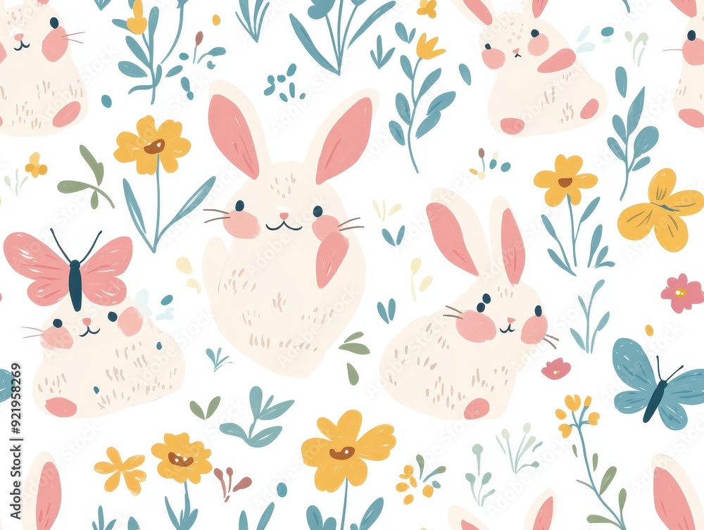 seamless pattern, Chubby kawaii bunnies in cozy sweaters seamless pattern, Chubby kawaii bunnies in cozy sweaters