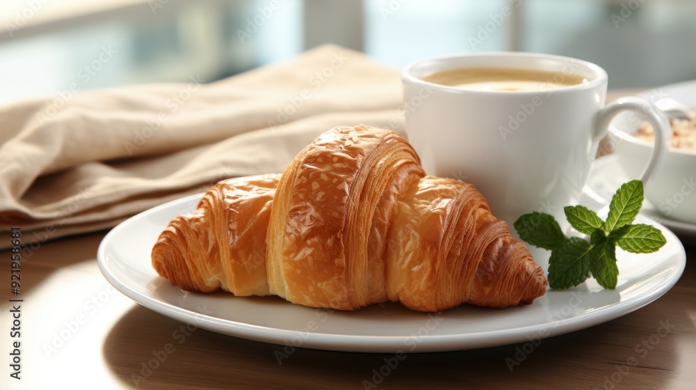 breakfast with coffee and fresh croissants breakfast with coffee and fresh croissants