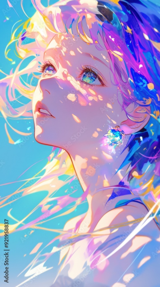 Naklejka premium Glittering anime woman with phantasmal light vibrant iridescent colors and dreamlike backdrop
