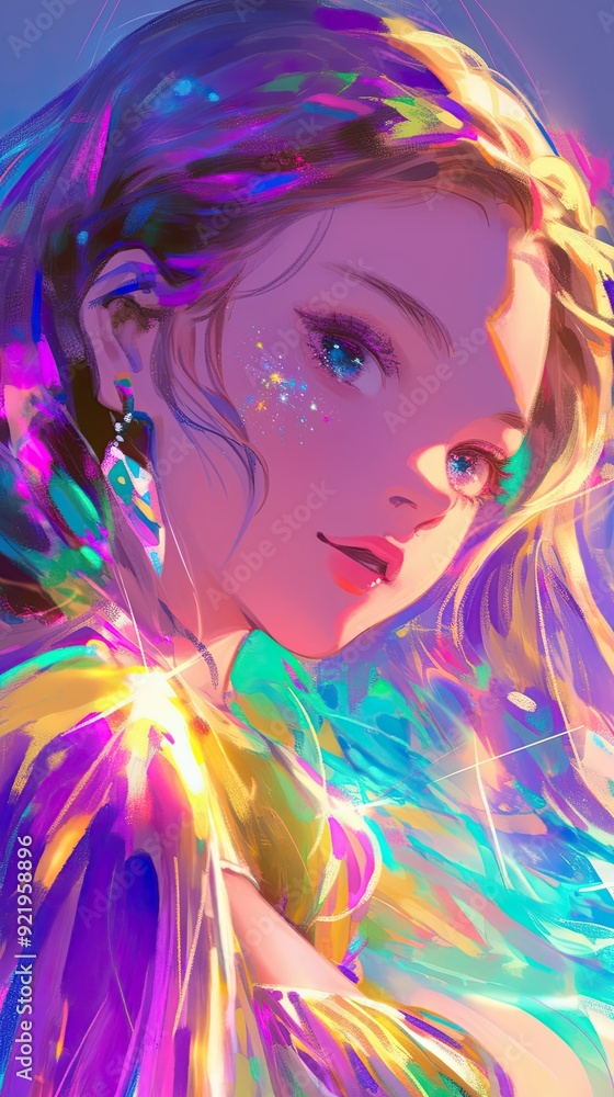 Fototapeta premium Glittering anime woman with phantasmal light vibrant iridescent colors and dreamlike backdrop