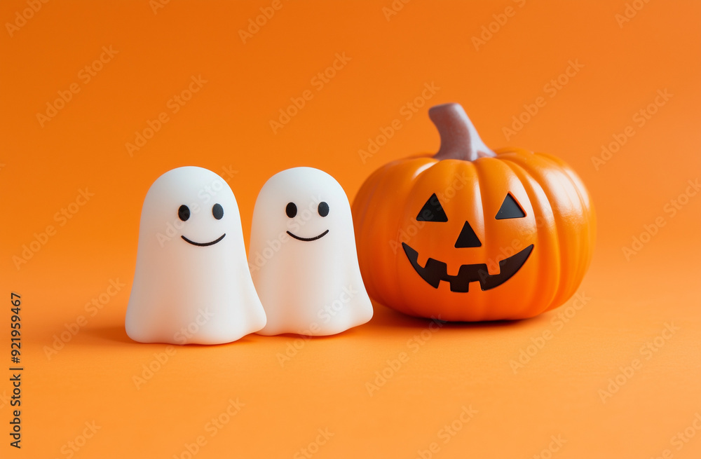 Cute Smiling Ghosts and Jack-o’-Lantern on Orange Background with Copy Space Cute Smiling Ghosts and Jack-o’-Lantern on Orange Background with Copy Space