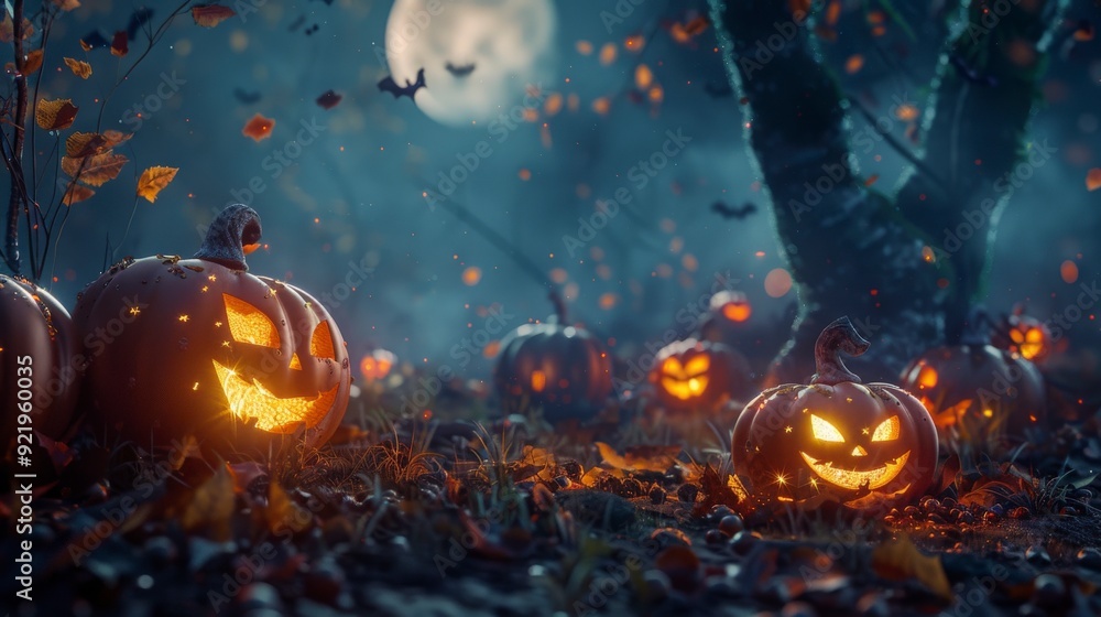 A spooky Halloween scene with glowing jack-o'-lanterns under a full moon. A spooky Halloween scene with glowing jack-o'-lanterns under a full moon.