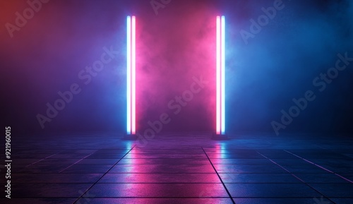 There is an empty stage with neon lights, spotlights, and rays. A dark background is backed by neon lights. Urban background at night.
