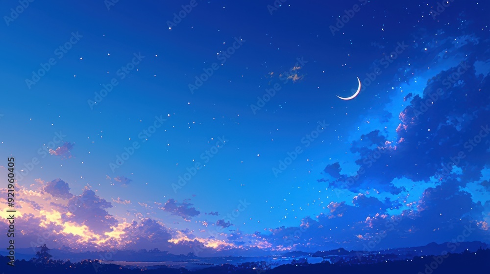 Star-filled night sky with a glowing crescent moon and wispy clouds in a tranquil landscape Star-filled night sky with a glowing crescent moon and wispy clouds in a tranquil landscape