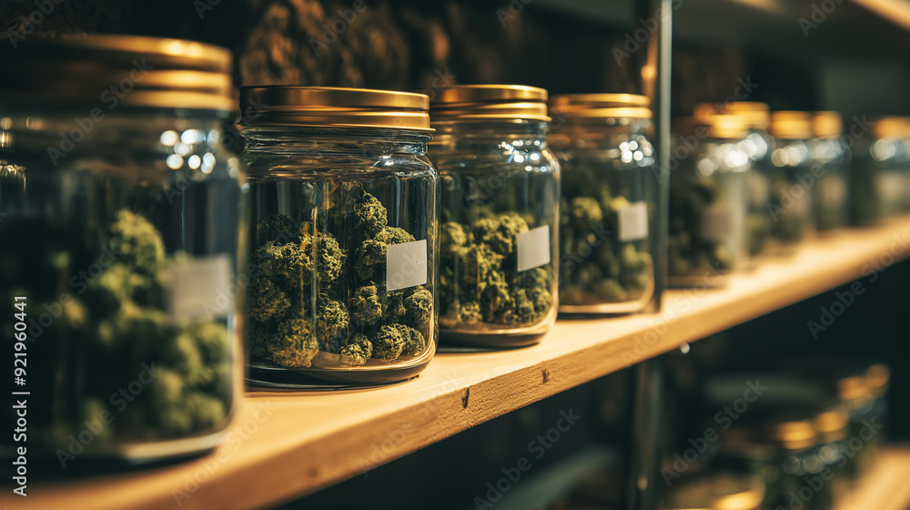 Glass jars filled with dried cannabis buds on a wooden shelf. Glass jars filled with dried cannabis buds on a wooden shelf.