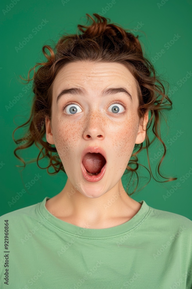 Indoor Shot Of An Amazed Freckled Brunette Female Model With Her Mouth Open In Great Amazement Indoor Shot Of An Amazed Freckled Brunette Female Model With Her Mouth Open In Great Amazement