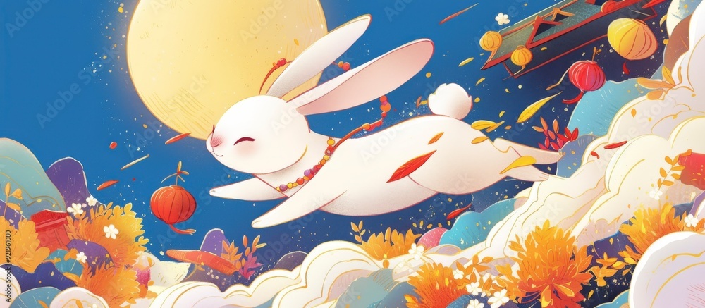 A whimsical illustration of a rabbit joyfully leaping through a colorful, vibrant landscape. A whimsical illustration of a rabbit joyfully leaping through a colorful, vibrant landscape.