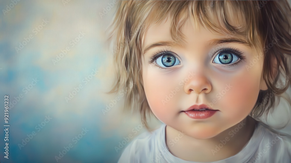 Close-up portrait of a young child with big expressive blue eyes, hyper-realistic depiction of innocence and wonder, delicate and soft focus on facial features, tender and emotive child portrait, arti Close-up portrait of a young child with big expressive blue eyes, hyper-realistic depiction of innocence and wonder, delicate and soft focus on facial features, tender and emotive child portrait, arti