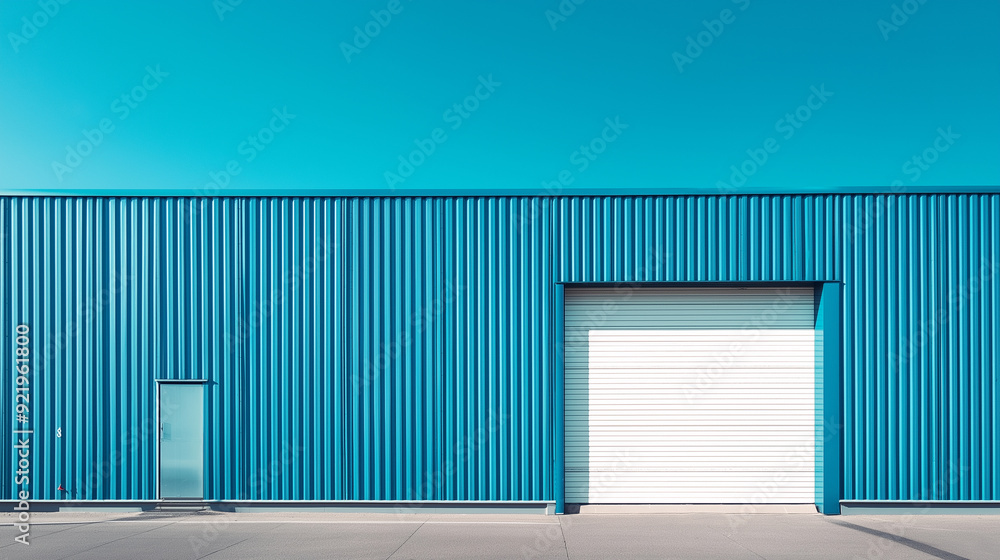 Fototapeta premium Blue industrial warehouse building with a white garage door.