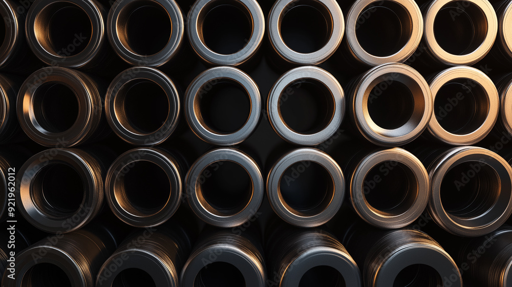 Close-up of stacked metal pipes with a reflective surface. Close-up of stacked metal pipes with a reflective surface.
