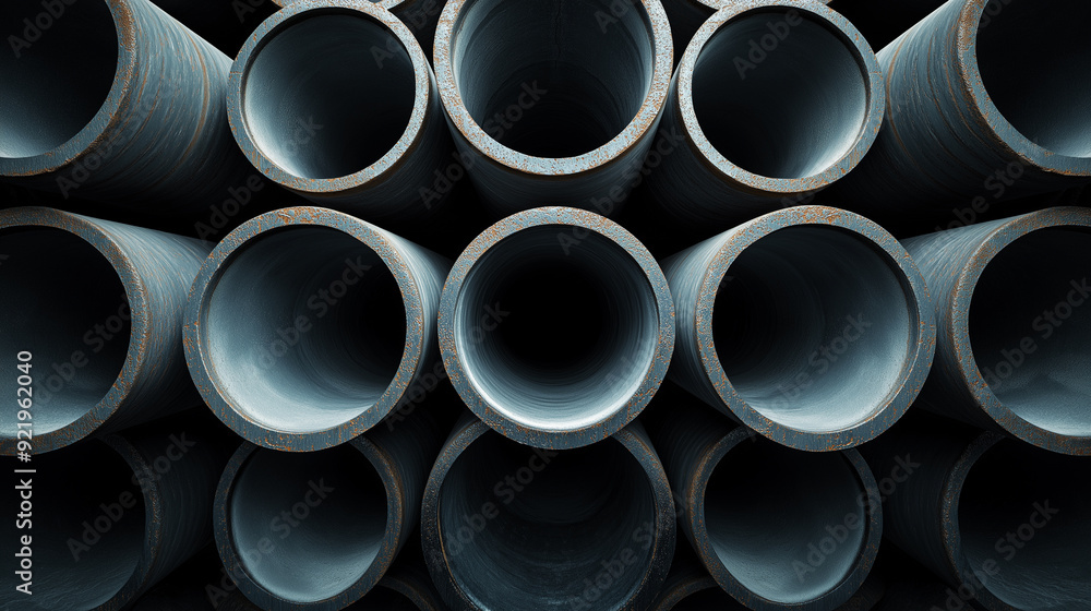 Close-up of stacked metal pipes with a reflective surface. Close-up of stacked metal pipes with a reflective surface.