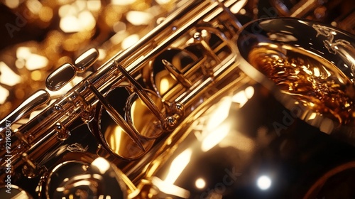 A close-up of a saxophone with its shiny brass finish and intricate keywork. The scene highlights the elegance and complexity of the instrument, capturing its role in jazz and other musical genres. photo