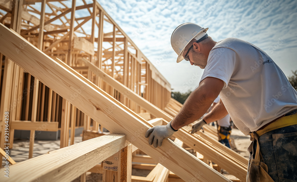 Construction worker assembling wooden beams at a building site. Construction worker assembling wooden beams at a building site.