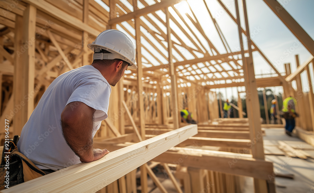 Construction worker assembling wooden beams at a building site. Construction worker assembling wooden beams at a building site.