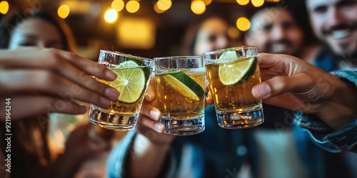 Tequila Shot with Friends: Captures a social gathering where friends are enjoying tequila, emphasizing casual and celebratory moments