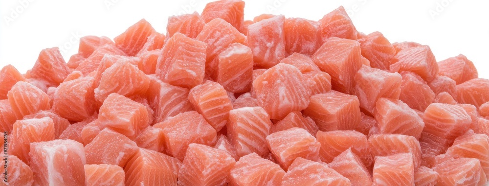A vibrant pile of freshly cut salmon fillets showcases a colorful seafood selection against a cool frozen fish backdrop A vibrant pile of freshly cut salmon fillets showcases a colorful seafood selection against a cool frozen fish backdrop