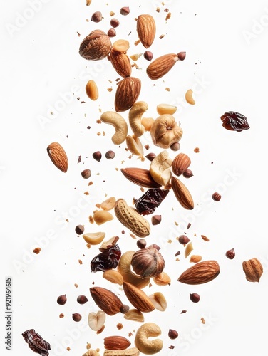 photo of nuts in flight on a white background, assorted nuts, cashews, walnuts, almonds