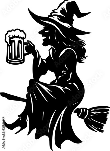 Minimalist silhouette witch drinking beer, Halloween concept t-shirt design