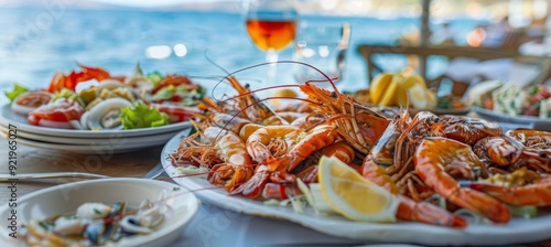 seafood on the table in a restaurant near the sea