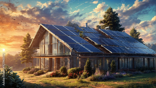 Solar powered house with solar cells on the roof of the house. AI generated