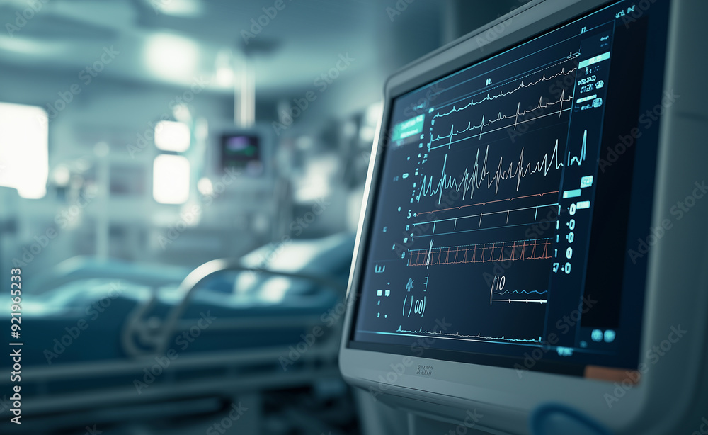 Medical monitor displaying vital signs in a modern hospital operating room. Medical monitor displaying vital signs in a modern hospital operating room.