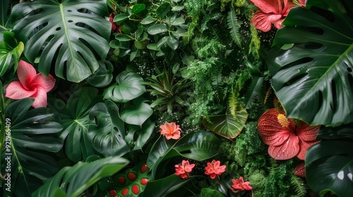 botanical background from living plants, tropics, monstera
