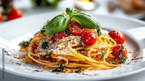 A gourmet dish of pasta topped with cherry tomatoes, basil, and parmesan cheese, artfully plated on a white plate, with a white background to emphasize the colors of the food