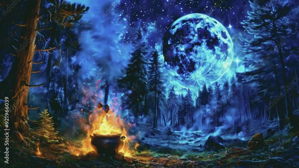 Boiling Cauldron in the Night Forest, Mystical and Enchanting Scene Boiling Cauldron in the Night Forest, Mystical and Enchanting Scene