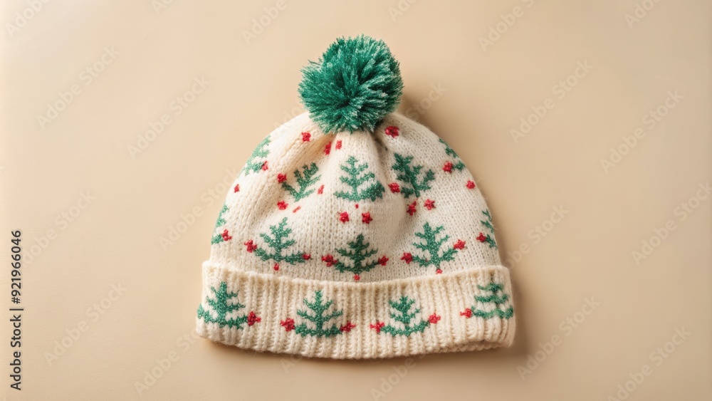 Soft, pastel-colored stocking hat with pom-pom and festive holly pattern, perfect for winter wonderland and holiday seasonal celebrations, against a warm, creamy background. Soft, pastel-colored stocking hat with pom-pom and festive holly pattern, perfect for winter wonderland and holiday seasonal celebrations, against a warm, creamy background.