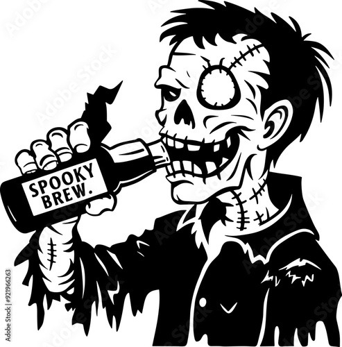 Minimalist silhouette zombie drinking beer, Halloween concept t-shirt design
