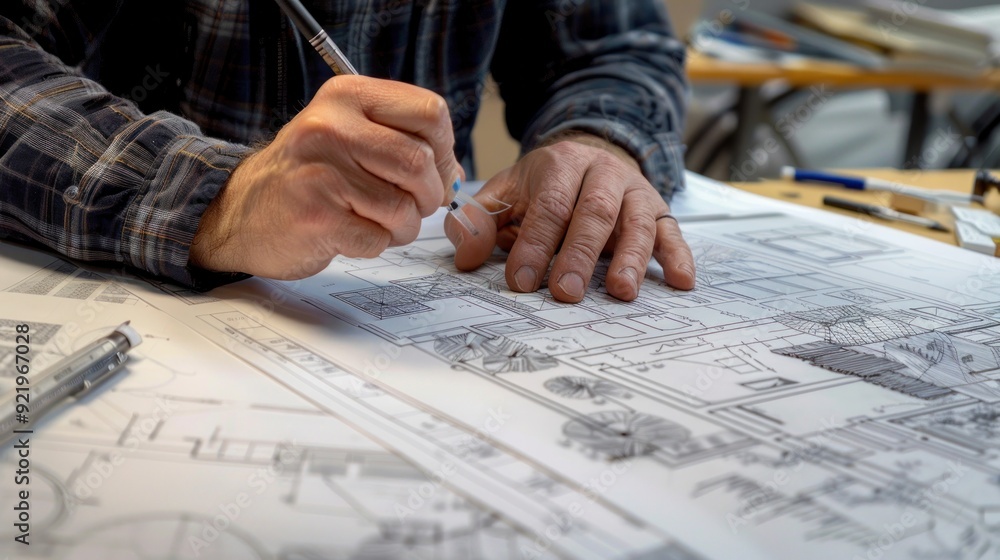A visionary architect sketching blueprints for an innovative building design in their studio. A visionary architect sketching blueprints for an innovative building design in their studio.