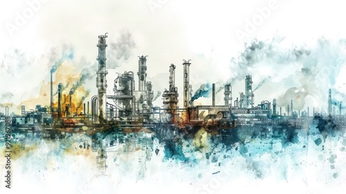 A watercolor drawing paint of an industrial area, refinery power station, petrochemical industrial, food processing plant, on a white background, with stock images.