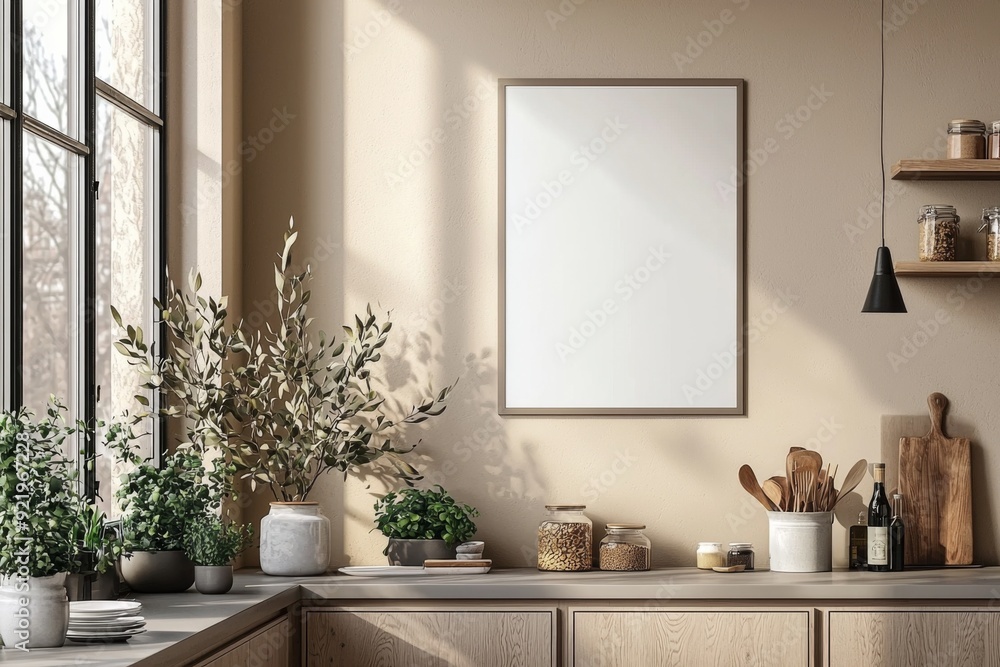 Fototapeta premium Minimalist Kitchen interior with Poster Mockup created with Generative AI