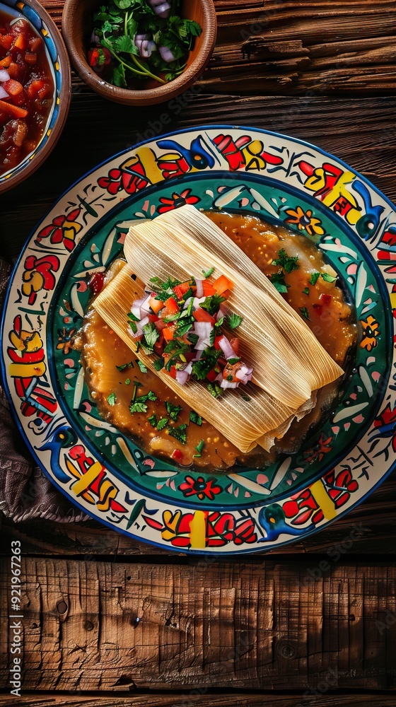 Fototapeta premium Tamales. Prehispanic dish typical of Mexico and some Latin American countries. Corn dough wrapped in corn leaves. The tamales are steamed. AI generated illustration