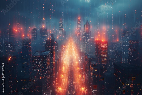 A futuristic cityscape illuminated by abstract light patterns in dark turquoise and dark red, highlighting towering skyscrapers and the interconnectedness of humanity