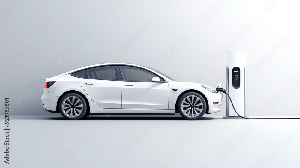 A white electric car is charging at a wall station on a gray background A white electric car is charging at a wall station on a gray background