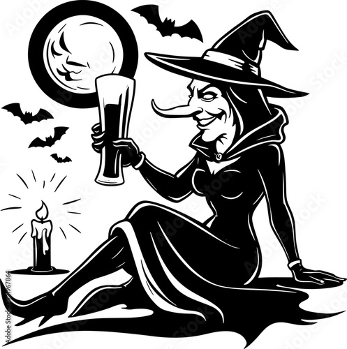 Minimalist silhouette witch drinking beer, Halloween concept t-shirt design