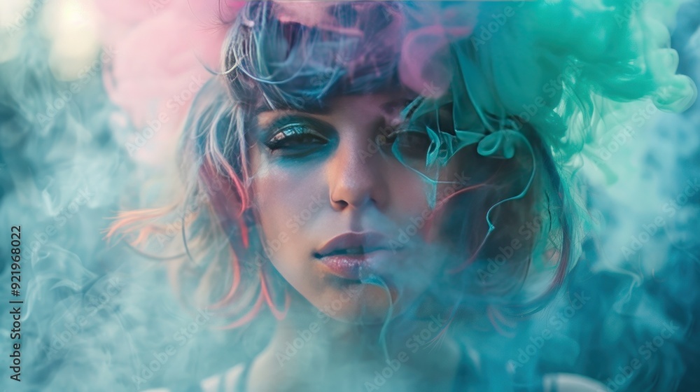 A woman with a pink, blue and green smokey hair. The smoke is coming from her face A woman with a pink, blue and green smokey hair. The smoke is coming from her face
