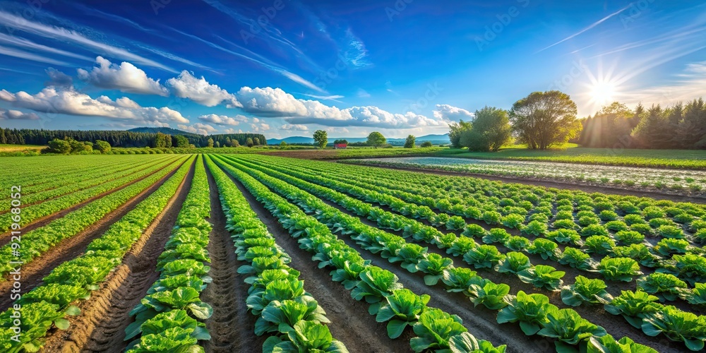 Summer vegetable farm with rows of leafy greens and ripe produce under the clear blue sky, sustainable, farming, agriculture Summer vegetable farm with rows of leafy greens and ripe produce under the clear blue sky, sustainable, farming, agriculture