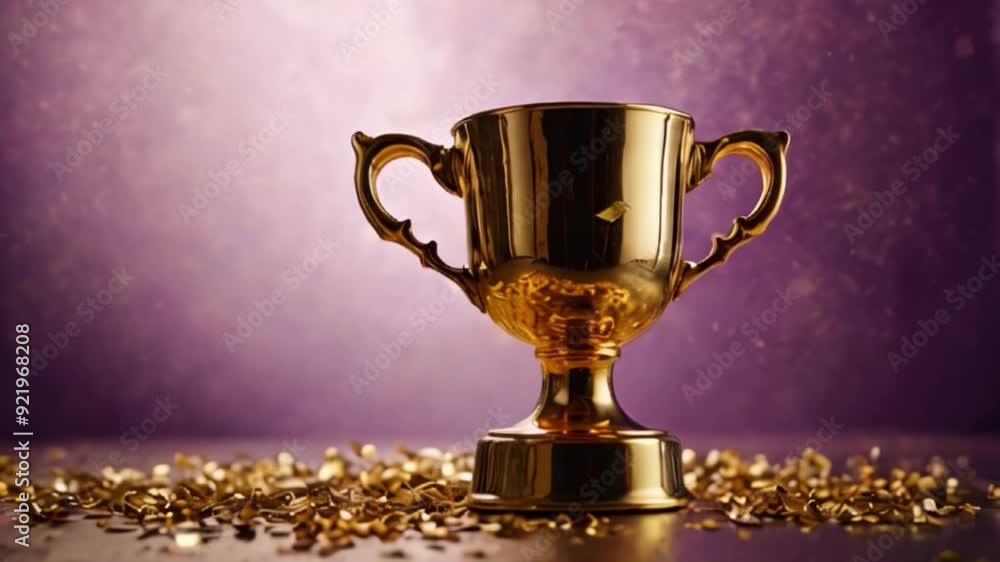 Gold winners cup with gold confetti around on festive background, concept of winning, sports gold trophy, victory, win, success