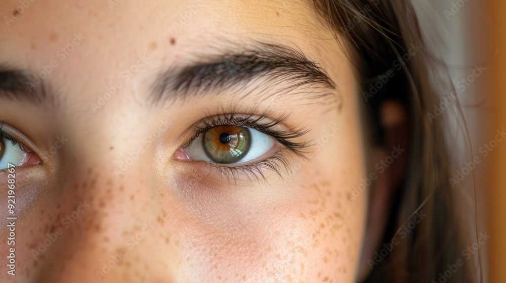 Fototapeta premium A woman with brown hair and brown eyes. The eyes are open and the eyelashes are long